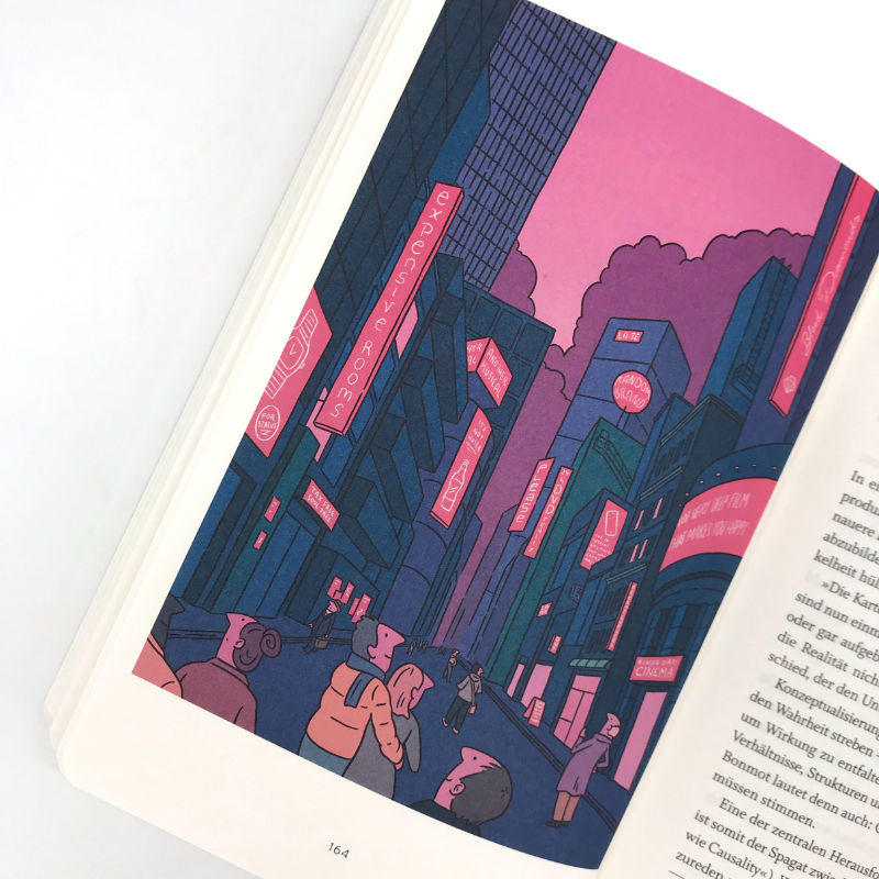 Geöffnetes Buch mit Großstadt Illustration in der Menschen auf Werbetafeln schauen